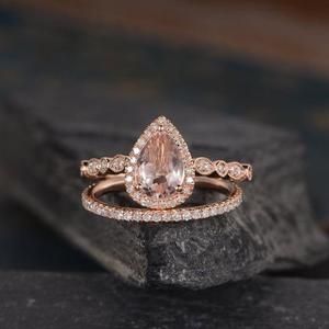 Morganite Bridal Set, Pear Shaped Engagement Ring, Morganite Ring Set, Morganite Wedding Rings, Morganite Engagement Ring Set, Diamond Eternity Wedding Band, Rose Gold Halo, Pear Cut Engagement Rings, Detailed Engagement Ring