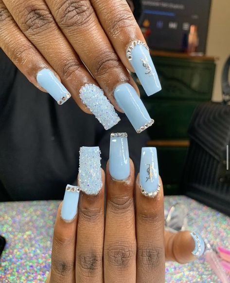 Blue, designer nails, blinged out nails,acrylic ideas Nails Dusty Blue, Water Drop Nails, Drop Nails, Dark Blue Nails, Girly Acrylic Nails, Dark Nails, Milky White, Water Drop, Blue Nails