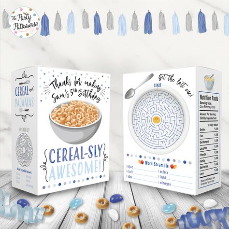 PERSONALIZED Boy Make Your Own Cereal and Pajamas Mini Cereal Box Favor, Cereal Birthday Party, Printable, Cereal Party, Pajama Party, PJ Pancake Birthday Party, Pancake Birthday, Mini Cereal, Cupcake Favor Boxes, Mini Cereal Boxes, Pancake Party, Pancakes And Pajamas, Cereal Boxes, Birthday Packages