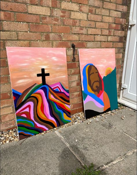 "These are some beautiful handmade, one of a kind paintings. Painted by me. It's of Jesus Christ and the cross. The inspiration behind these paintings was: Genesis 9:13 \"i have set my rainbow in the clouds, and it will be the sign of the covenant between me and the earth\" In the photos the sides of the canvases haven't been painted. But I have now painted all the sides (the same colour as the sky) so you will receive the paintings in perfect condition. The measurements of the canvases are 33inches (height) × 24inches (width) The canvases look great above a bed!" Paintings About Hope, Paintings For Above Bed, Abstract Jesus Painting, Christian Designs Art, Cool Christian Art, Connecting Paintings, Simple Christian Painting Ideas, Christian Artwork Paintings, Jesus Painting Ideas