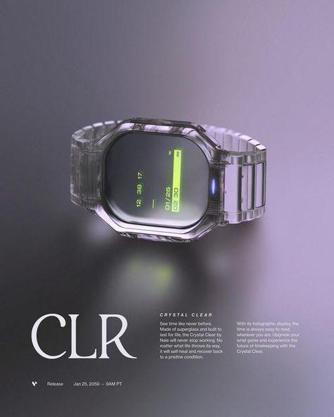 geo on Instagram: "the Crystal Clear timepiece. swipe right to see an early prototype from the lab. the most difficult part in making the watch was embedding the holographic display inside the superglass body without adding too much bulk." Watch Concept, Futuristic Watches, Holographic Displays, Digital Wrist Watch, Retro Gadgets, Wrist Game, Futuristic Design, Retro Futurism, Tech Design