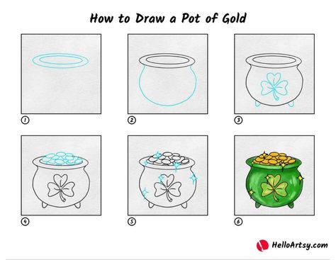 How to Draw a Pot Of Gold - HelloArtsy How To Draw A Pot Of Gold, Gold Drawing, Gold Printable, Drawing Lesson, Love Learning, Basic Drawing, Pot Of Gold, Cute Easy Drawings, Drawing Lessons