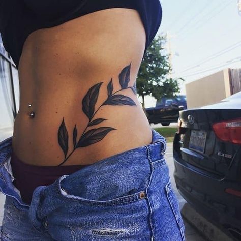 Sides Of Stomach Tattoo, Leaf Tattoo On Stomach, Around The Waist Tattoo, Rib To Stomach Tattoo, Vine Waist Tattoos, Leaves Stomach Tattoo, Vine Tattoo On Stomach, Vine Tattoos Stomach, Stomach Tattoos Floral