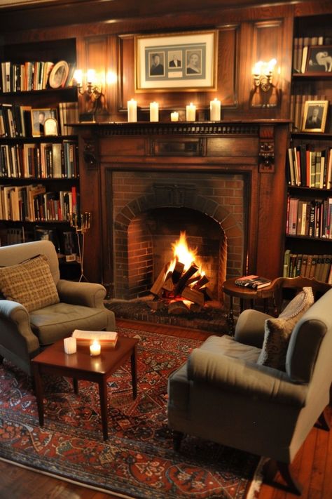 Classical Room Interior, Home Decor Ideas Bookshelves, Classic Library Aesthetic, Home Library Fireplace, Home Library Layout, Library Room Cozy, Fireplace And Bookshelves, Cozy Home Library Ideas, Cozy Living Room With Fireplace