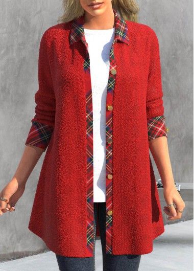 Geometric Clothing, Plaid Long Sleeve Shirt, Knit Sweater Coat, Trendy Outerwear, Trendy Tops For Women, Long Sleeve Coat, Collar Coat, Classy Dress Outfits, Long Sleeve Plaid Shirt