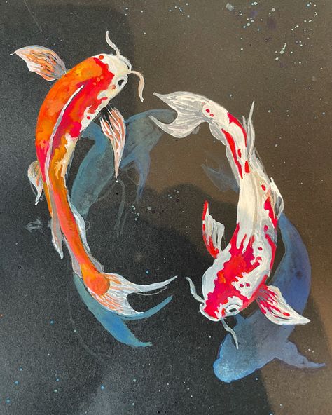 Chinese Koi Fish Art, Koi Fish Poster Aesthetic, Coi Drawings, Koi Carp Painting, Koi Fish Digital Art, Orange Fish Painting, Two Koi Fish Drawing, Painted Koi Fish, Koi Gouache