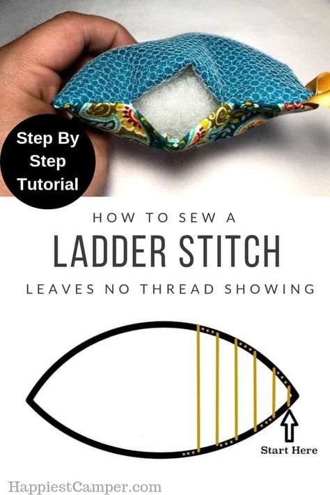 Ladder Stitch Tutorial. No More thread showing on your seams! Show you step by step with Pictures on how to sew a ladder stitch. Ladder stitch, is also called a blind stitch, invisible stitch or hidden stitch. This is the perfect sewing stitch to finish off projects like pillows or ones where you don't want any thread showing. #sewingtutorial #stitching #sewing Ladder Stitch Tutorial, Syprosjekter For Nybegynnere, Invisible Stitch, Sew Ins, Costura Diy, Stitch Tutorial, Ladder Stitch, Beginner Sewing Projects Easy, Shirt Refashion