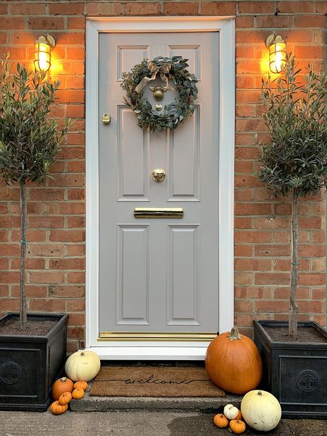 Grey & Gold Composite Door with wreath Grey Front Door, Upvc Front Door, Front Door Plants, Front Door Paint, Victorian Front Doors, Cottage Front Doors, Front Door Inspiration, Front Door Steps, Composite Front Door