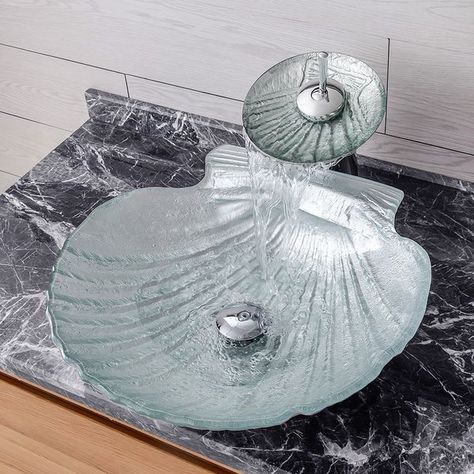 Vessel Transparent Shell Shaped Crystal Glass Bowl Bathroom Wash Sink with Faucet Shell Shaped Sink, Unusual Sinks, Seashell Sink, Pretty Sinks, Shell Sink, Unique Bathroom Sinks, Glass Bathroom Sink, Wash Sink, Unique Sinks