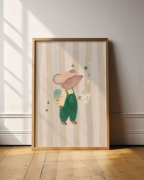 Adventure Mouse is here finally 🥳🏕️🐭 Well I painted this way too long ago but here we go! Finallly got a couple of matchsticks for my eyelids and got it online after a lengthy bedtime…. And before you think oh poor child being roped into holding the frame… he was picking it up where I had placed it on the ground because he wanted to go home & didn’t want me taking any more photos! So I snapped a quick picture as it was being removed 🙈 😂 The lengths I went to to get these wild frame photos... Oak Picture Frames, Mouse Art, Nature And Wildlife, Neutral Background, Fairy Gifts, Mouse Print, Wild Things, Wall Gallery, Hand Illustration