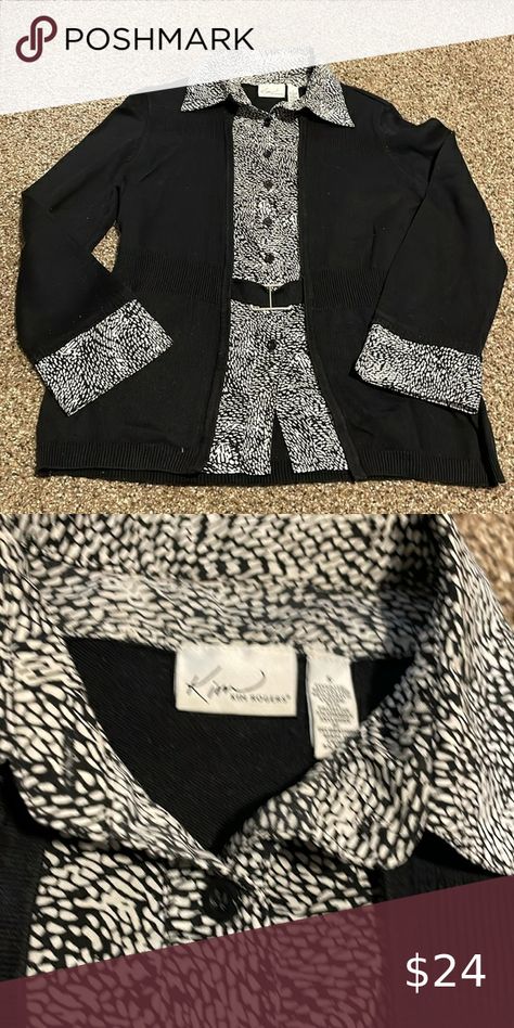 Kim Rogers sweater/blouse top black, and white print Kim Rogers, Black And White Print, Sweater Blouse, Blouse Top, Button Up, Top Blouse, Black And White, Collar, Outfit Inspo