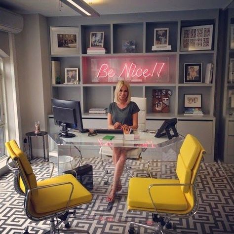 Love the yellow & gray palette of this home office so cheerful! The neon sign is stellar and fun! decorating with words — The Decorista Interior Window Trim, Glam Office, Feminine Office, Boss Office, Dream Office, Office Inspo, Luxury Office, Office Makeover, Home Office Space