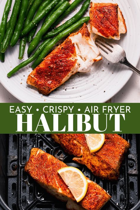 Make this easy Air Fryer Halibut recipe for dinner tonight! The moist and flaky fish is perfectly seasoned and served with tender-crisp green beans, leaving you with a simple yet delicious 20-minute meal. Air Fried Halibut, Halibut Air Fryer Recipes, Air Fryer Halibut Recipes, Halibut Air Fryer, Easy Halibut Recipes, How To Cook Halibut, Chardonnay Food Pairing, Halibut Recipe, Lobster Dishes