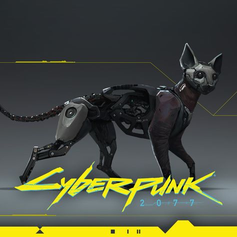 Robot Cat Art, Cyberpunk Creature, Cybernetic Animals, Cyberpunk Animals, Cat Cyberpunk, Cyberpunk Dog, Robotic Animals, Machine Animals, Cyberpunk Robot