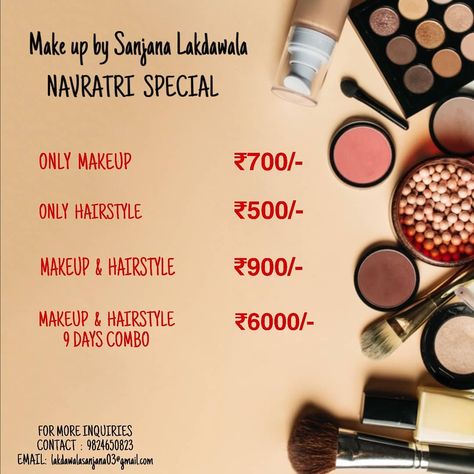 "Navratri special offers"... Navratri Makeup Offer Poster, Navratri Offer For Salon, Navratri Offer, Navratri Offer Poster, Beauty Parlour Board Design, Beauty Parlour Offer Poster, Makeup Price List, Beauty Salon Marketing, Full Face Makeup Tutorial