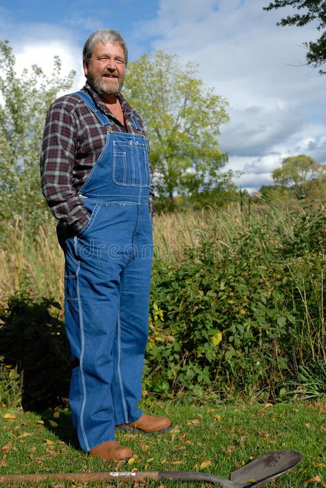 Farmer. Grey haired bearded farmer, wearing bib overalls Farmers Outfit, Overalls Outfit Men, Farmer Overalls, Gingerbread Man Costumes, Farmer Outfit, Overalls Shorts, Farm Clothes, Overalls Men, Overalls Outfit