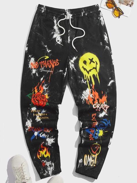 SHEIN Men Tie Dye & Cartoon Graphic Drawstring Waist Sweatpants | SHEIN USA Autumn Streetwear, Loose Fit Pants, Female Outfits, Drawstring Sweatpants, Stylish Hoodies, Joggers Outfit, Graffiti Prints, Printed Drawstring, Fit Pants