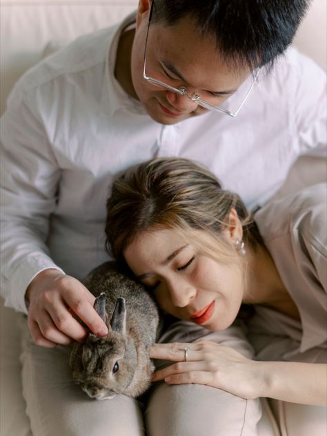 Clara and Kris had their pre-wedding shoot at home with their pet bunny joining in on the fun! | This Couple’s Pet Rabbit Brought Cuteness to All Their Pre-wedding Photos Bride And Breakfast, Pre Wedding Shoot, Pet Bunny, Pet Rabbit, Pre Wedding Photos, Couple Portraits, Wedding Shoot, Photo Session, Photo Sessions