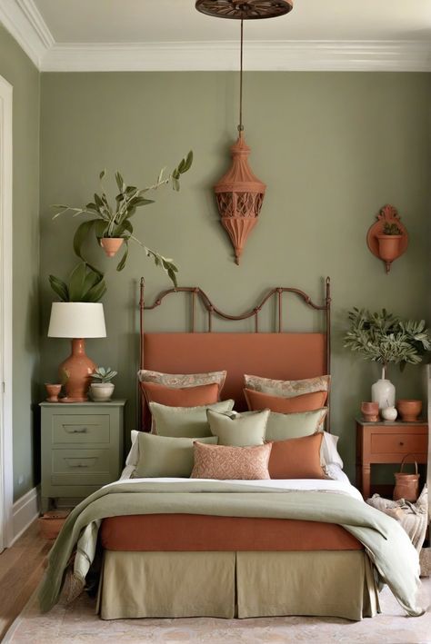 Terracotta Green Cream Bedroom, Terra Cotta And Sage Bedroom, Sage And Clay Bedroom, Sage And Red Bedroom, Olive Green And Terracotta Bedroom, Orange And Sage Bedroom, Terracotta And Sage Bathroom, Terracotta Sage Bedroom, Terra Cotta And Green Living Room