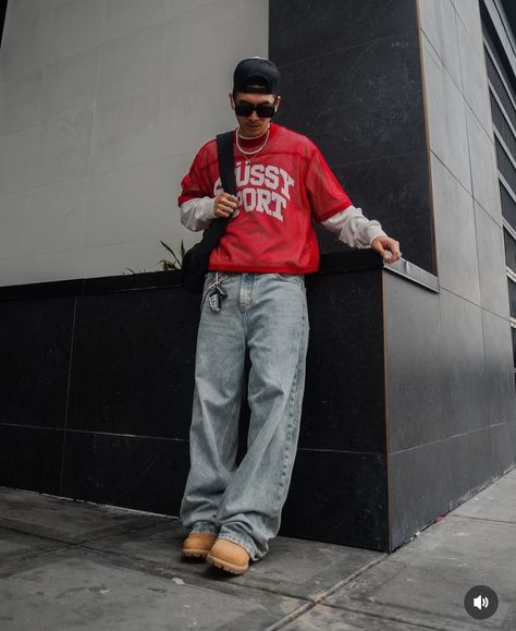 Red Y2k Outfit Men, Red Streetwear Outfit Men, Red Button Up Shirt Outfit, Outfit Ideas Men Korean, Red Outfits Men, Red Streetwear Outfit, Red Flannel Outfit, Streetwear Outfit Men, Blue Outfit Men