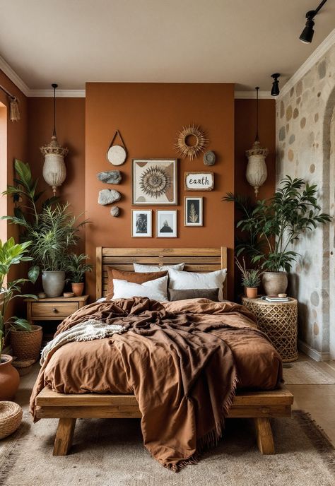 Boho Witchy Bedroom Small Earthy Bedroom, Earthy Bedroom Minimalist, Earth Bedroom Aesthetic, Moody Earthy Bedroom, Earth Tone Apartment, Brown Themed Bedroom, Brown And Green Bedroom, Warm Boho Bedroom, Earth Bedroom