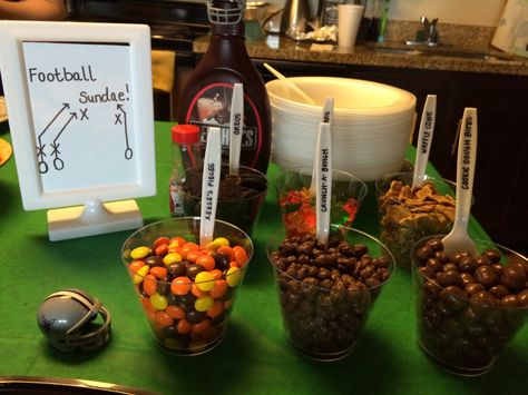 Super Bowl Sundae Bar, Birthday Sundae Bar, Sunday Bar Ideas Ice Cream Sundae Party, Football Stadium Food Display Super Bowl Party, Sundae Funday Birthday Party, Ice Cream Sundae Bar, Sundae Bar, Football Birthday, Game Time