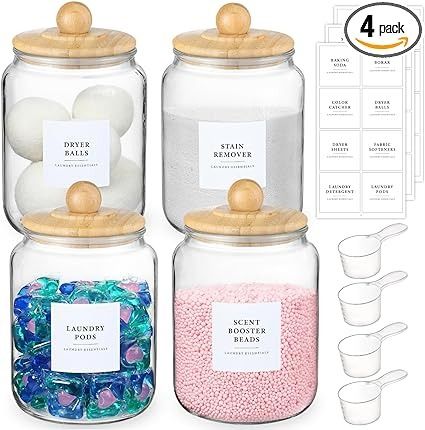 Amazon.com: 4 Pack Glass Jars with Bamboo Lids and Labels, Glass Containers for Laundry Room Organization and Storage, Half Gallon Airtight Glass jars Holder for Laundry Detergent, Pods, Scent Booster Beads: Home & Kitchen Detergent Container, Glass Containers With Lids, Gallon Glass Jars, Laundry Booster, Detergent Laundry, Powder Laundry Detergent, White Labels, Laundry Pods, Detergent Dispenser