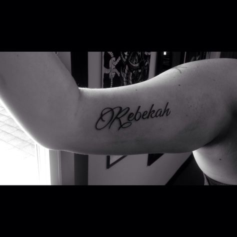 Ashley got my named tattooed on her arm!  this is the first Rebekah tattoo I have ever seen! Fiancee, name tattoo, inner arm tattoo Inner Arm Name Tattoo, Tattoo Inner Arm, Arm Tats, Inner Arm Tattoo, Name Tattoo, Arm Tattoo, I Tattoo, Tattoo Quotes, Tatting