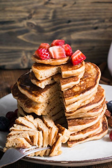 Kodiak Pancakes (Light and Fluffy Recipe) - Insanely Good Fluffy Recipe, Kodiak Pancakes, Baked Cinnamon Apples, Light And Fluffy Pancakes, High Protein Pancakes, Pancake Mix Recipes, Pancake Toppings, Vanilla Milk, Chocolate Chip Pancakes