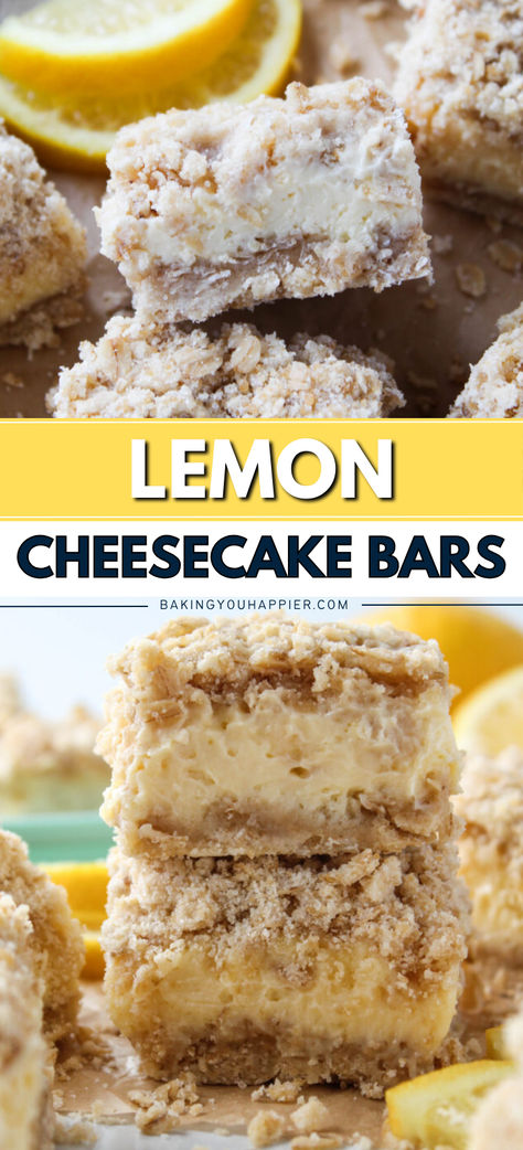 Lemon Cheesecake Crumb Bars, a nicely textured crumb crust and topping with a thick layer of creamy lemon cheesecake filling in the middle! Lemon Cheesecake Filling, Crumb Crust, Bar Desserts, Lemon Poppyseed Bread, Lemon Cheesecake Bars, Crumb Bars, Dessert Bar Recipe, Cheesecake Filling, Bar Recipe