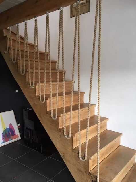 Rope Railings For Stairs, Rope Staircase, Staircase Railing Ideas, Diy Balustrade, Staircase Painting, Balustrade Ideas, Wooden Staircase Railing, Rope Railing, Wooden Staircase