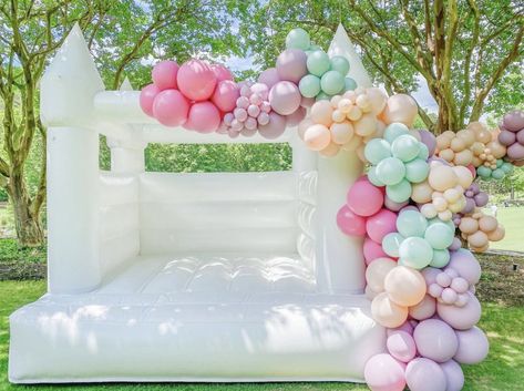 Bouncy Castle With Balloons, Wedding Bounce House Castles, Bouncing Castle, Wedding Jumping Castle Bounce Houses, White Bouncy Castle, White Castle Inflatable, Bounce Castle, Party Rentals Business, Flower Power Party