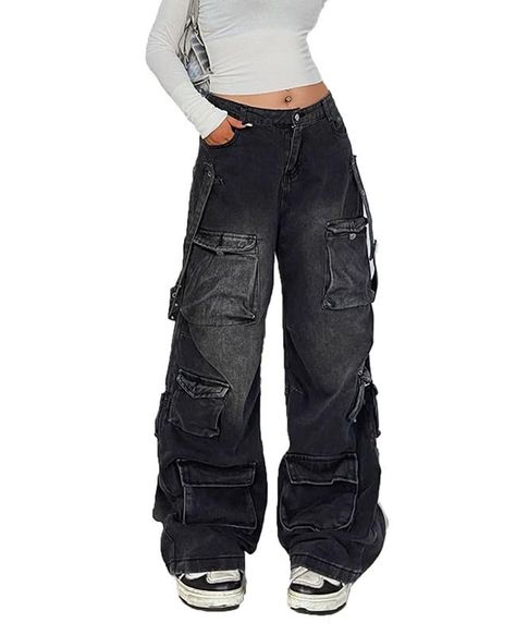 Emo Cargo Pants Outfit, Black Low Waisted Jeans, Baggy Grunge Jeans, Baggy Jeans With Pockets, Low Waist Baggy Jeans, Black Cargo Jeans, Pants Low Waist, Women's Cargo Pants, Black Baggy Jeans