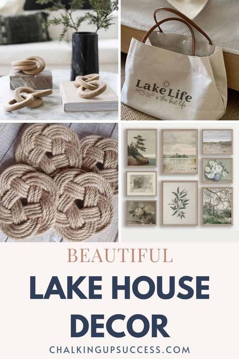 Lakeside Farmhouse Decor, Boho Lake House Living Room, Maine Lake House Decor, Lake Kitchen Decor, Lake House Home Decor, Lakeside Decorating Ideas, Bedroom Ideas Lake House, Lake Centerpiece Ideas, Cozy Lake House Decor