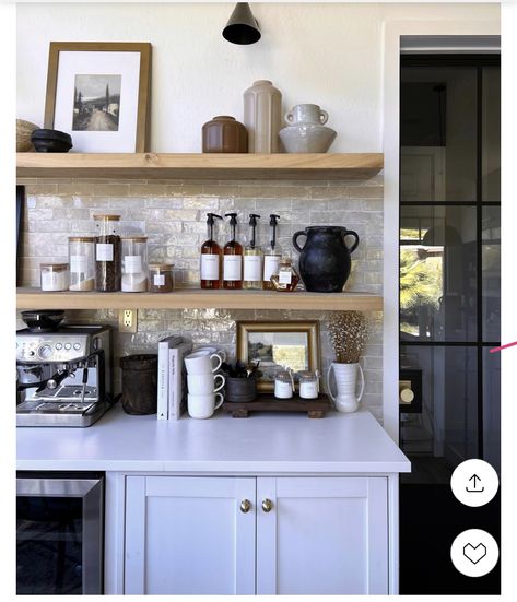 Kitchen Shelf Coffee Bar, Kitchen Peninsula Coffee Bar, Living Room Coffee Bar Ideas, Coffee Bar Open Shelving Display, Coffee Bar Room Ideas, Where To Put Kitchen Appliances, El Peterson Design, Modern Organic Coffee Bar, Coffee Bar Styling Modern