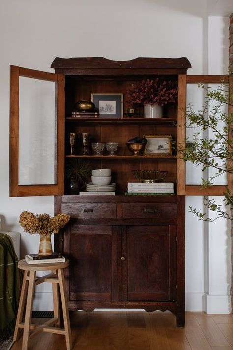 Notable Things: We're In HGTV Magazine!! Plus Cozy Christmas Vibes, DIY Ornaments, Flameless Taper Candles, & More! | Nadine Stay Vintage Cabinet Storage, Fall Themed Bedroom, Bedroom Funky, Fall Office Decor, China Cabinet Decor, Nadine Stay, Wood Slat Ceiling, Antique Hutch, Flameless Taper Candles