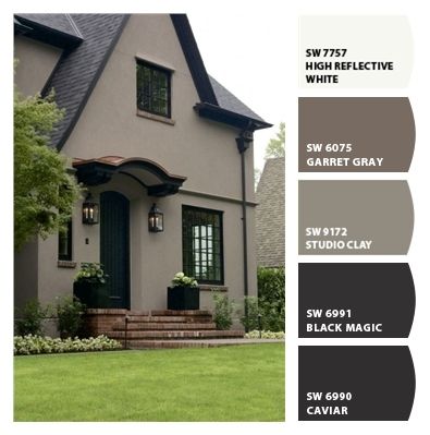 ColorSnap by Sherwin-Williams – ColorSnap by imacupcake Grey Paint Outside House, Muted Exterior House Colors, One Story Exterior Paint, Stucco And Stone Exterior Farmhouse, Brown Grey Exterior House Colors, Color Palette For Exterior Of Home, House Color Design Exterior Paint, Sage Home Exterior, Exterior Paint Colors With Black Windows