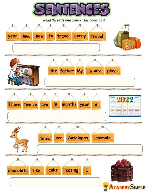 #academysimple#worksheets #printable #primaryschool #elementaryschool #academia #kidsactivitiesij #activitiesforkids #cram #homeschooling #educationalresources #download #pdf #practice #learning #studentfocusededucation #education #learnenglish #Grade1 #Grade1English #sentences #simplesentences #grade1sentences #grammar Scrambled Sentences Worksheet, Unscramble Sentences, Sentences Kindergarten, Sentence Building Worksheets, Sentences Worksheet, Second Grade Sight Words, Scrambled Sentences, English Poems For Kids, Making Sentences