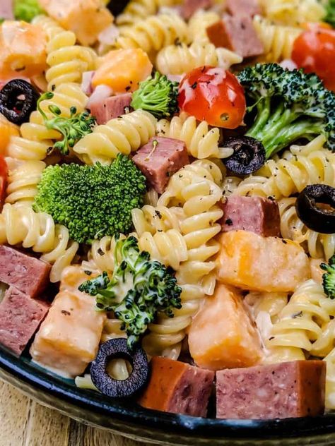 Recipes With Summer Sausage, Salad With Burgers, Summer Sausage Pasta, Sausage Pasta Salad, Marinated Beef Kabobs, Creamy Pasta Salad Recipe, Summer Sausage Recipes, Creamy Pasta Salad, Sausage Salad