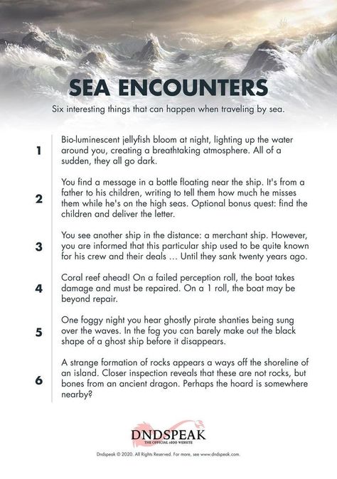 Dnd Sea Adventure, Short Dnd Campaign Ideas, Ocean Encounters Dnd, Pirate Campaign Dnd, Sea Encounters Dnd, Dnd Sea Campaign, Dnd Ocean Encounters, Plot Hooks Dnd, Dnd Water Encounters