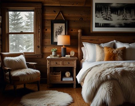 Cozy Cabin Bedroom Ideas, Lodge Decorating, Log Bed Frame, Cozy Cabin Bedroom, Rustic Bedroom Inspiration, Cabin Bedroom Decor, Kitchen Hood Ideas, Cabin Theme, Plaid Bedding