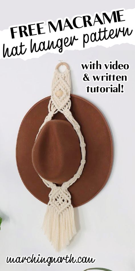 Keep your hats organized and stylishly displayed with this free macrame hat hanger pattern. With just a few simple knots and some basic materials, you can create a beautiful and functional hat hanger that will add a touch of bohemian charm to your space. Hang it in your bedroom, closet, or even in your entryway for a convenient and eye-catching storage solution. Follow the easy step-by-step tutorial and create your own macrame hat hanger today! #macrame #hathanger #diydecor #bohochic Macrame Hat Hanger Pattern, Macrame Hat Hanger, Macrame Hat, Free Macrame Patterns, Hat Hanger, Hat Holder, Diy Macrame, Macrame Patterns, Macrame Diy