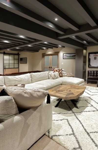 39 Basement Ceiling Design Ideas - Sebring Design Build Exposed Basement Ceiling, Low Ceiling Basement, Basement Decoration, Bloxburg Basement, Dream Basement, Ceiling Design Ideas, Basement Remodel Diy, Basement Inspiration, Basement Living Rooms