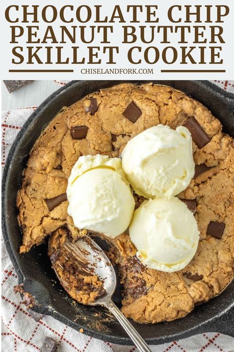 Peanut Butter Skillet Cookie, Pizookie Recipe, Peanut Butter Oatmeal Chocolate Chip, Peanut Butter Oatmeal Chocolate Chip Cookies, Skillet Cookie Recipe, Batch Baking, Gooey Chocolate Chip Cookies, Skillet Chocolate Chip Cookie, Small Batch Baking