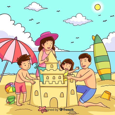 Picture Description Images, Family In The Beach, Family On Beach, Beach With Family, Family Drawings, Family At The Beach, Basic Drawing For Kids, Picture Comprehension, Beach Cartoon