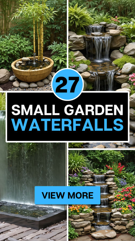 27 Small Garden Waterfalls and Ideas for the Backyard. Water Backyard Ideas, Pondless Water Features In The Garden, Natural Waterfalls Backyard, Landscape Fountain Ideas, Small Garden Water Features, Backyard Stream Landscaping, Small Garden Fountain Ideas, Pondless Waterfall Diy How To Build, Wall Fountains Backyard