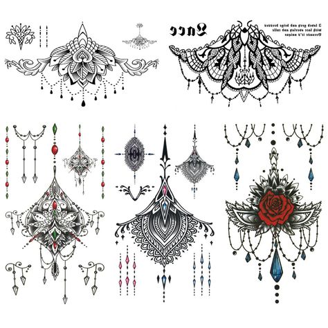 (Ad) Glaryyears Chest Lace Temporary Tattoos for Women Female, 5 Pack Black Underboob Fake Realistic Large Long Lasting Creative Tattoo Stickers, Sexy Diamond Pendant Flower Styles on Body (As an Amazon Associate I earn from qualifying purchases) #jewelrytattoo Mandala Sternum Tattoo, Tato Mandala, Sternum Tattoos, Tattoos Nature, Sternum Tattoo Design, Wedding Band Tattoo, Christian Sleeve Tattoo, Army Tattoos, Magic Tattoo