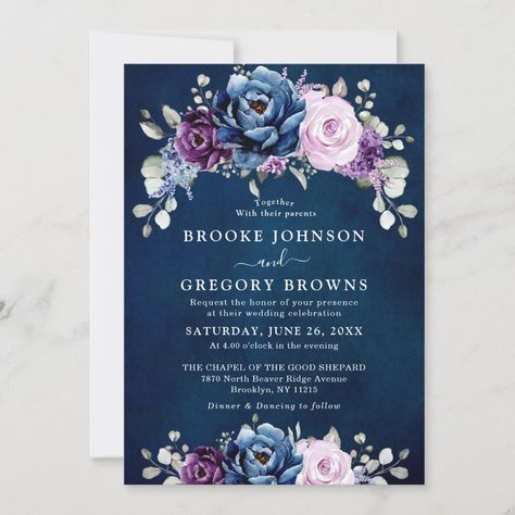 Blue Purple Wedding, Navy Wedding Colors, Purple Invitations, Plum Wedding, Purple Wedding Theme, Elegant Bouquet, Green Eucalyptus, Purple Wedding Invitations, Lilac Wedding