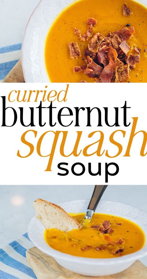 autumn soup recipe, butternut squash soup Squash Soup With Coconut Milk, Easy Butternut Squash Soup, Curried Butternut Squash, Soup With Coconut Milk, Easy Butternut Squash, Curried Butternut Squash Soup, Crispy Prosciutto, Paleo For Beginners, Coconut Milk Soup