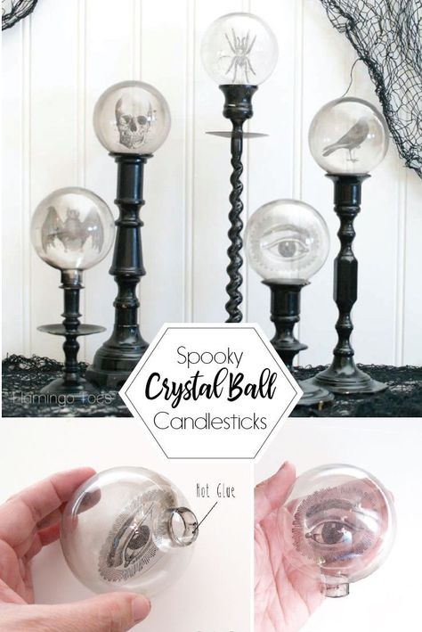 Spooky Crystal Ball Halloween Candlesticks – Flamingo Toes Crystal Ball Halloween, Porta Halloween, Candlestick Crafts, Halloween Candlesticks, Diy Halloween Dekoration, Cheap Diy Halloween Decorations, Casa Halloween, Anniversaire Harry Potter, Diy Halloween Decor